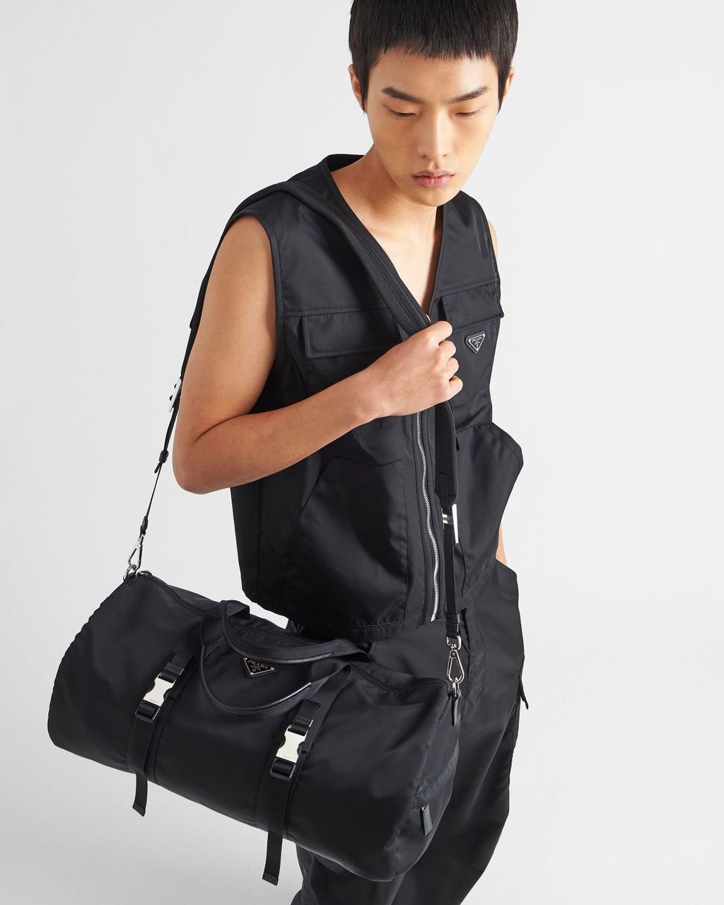 Prada Black Re-nylon and Saffiano Leather Duffle Bag #335984