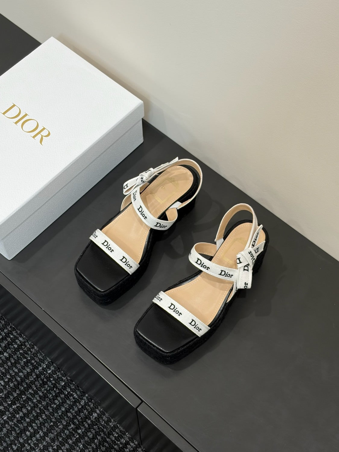 DIOR J Adior Wedge Slide with Straps White Embroidered Cotton and Natural Raffia #386876