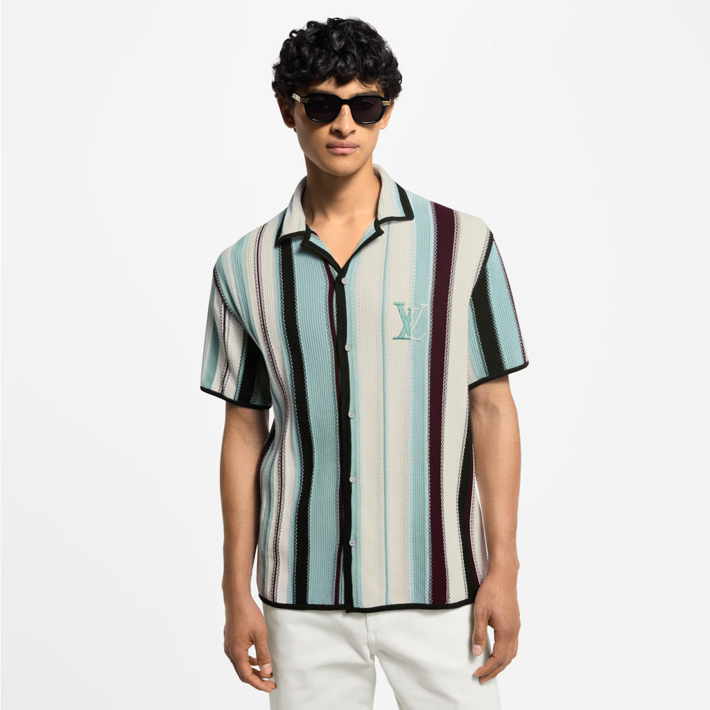 Louis Vuitton Men's Summer Embroidered Logo Stripe Crochet Single Breasted Short Sleeve Shirt Casual Lace Up Shorts Suit Set #81258