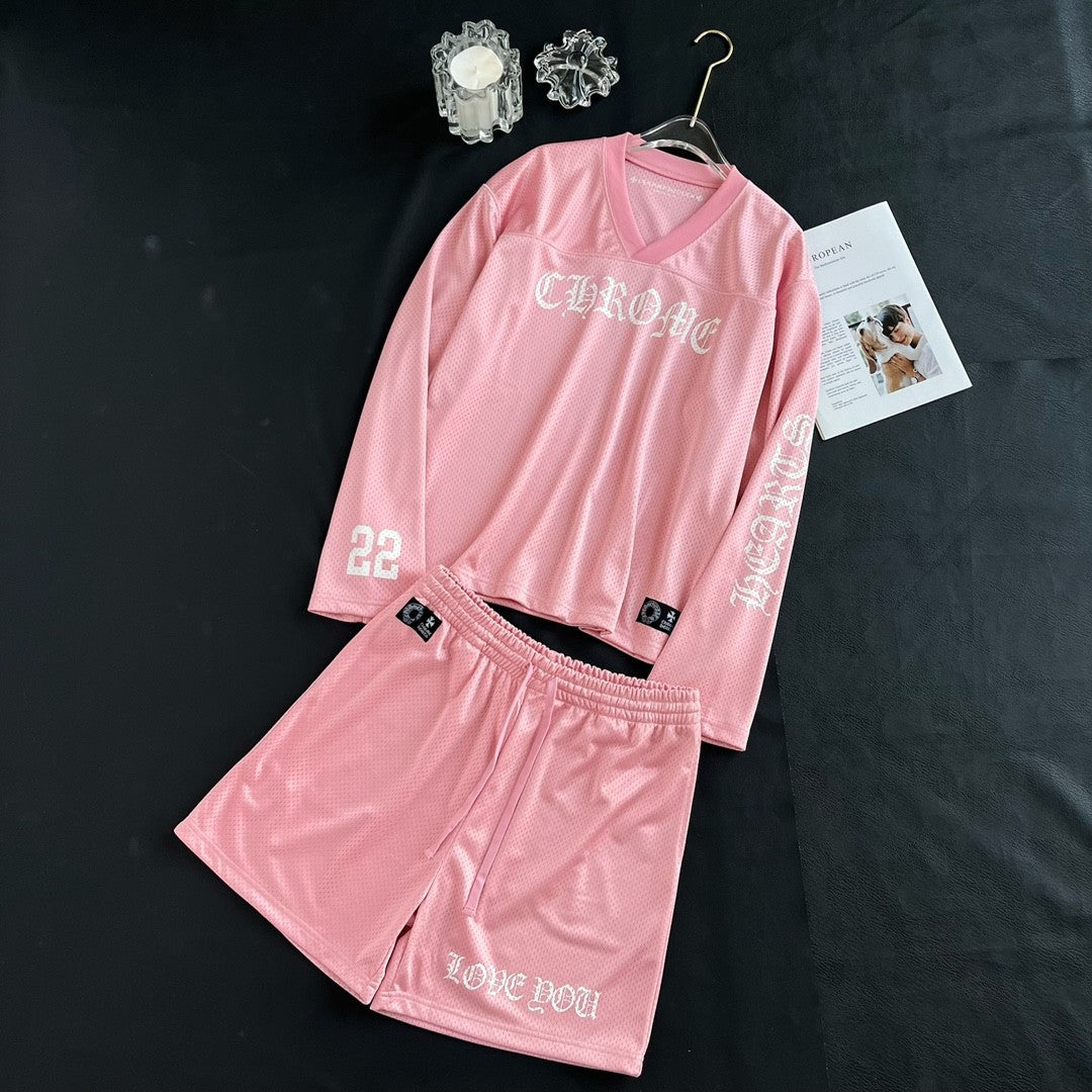 Chrome Hearts Men's Summer and Winter Pink Long Sleeve T-Shirt Shorts Set Suit #72589