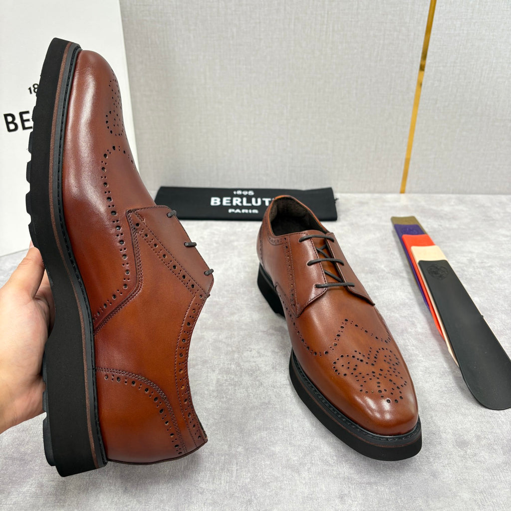 Berluti Alessio Natural Men's Spring/Fall Fashion Classic Leather Brogue Oxford Shoes with Thick Rubber Sole Calfskin Derby Shoes #78573