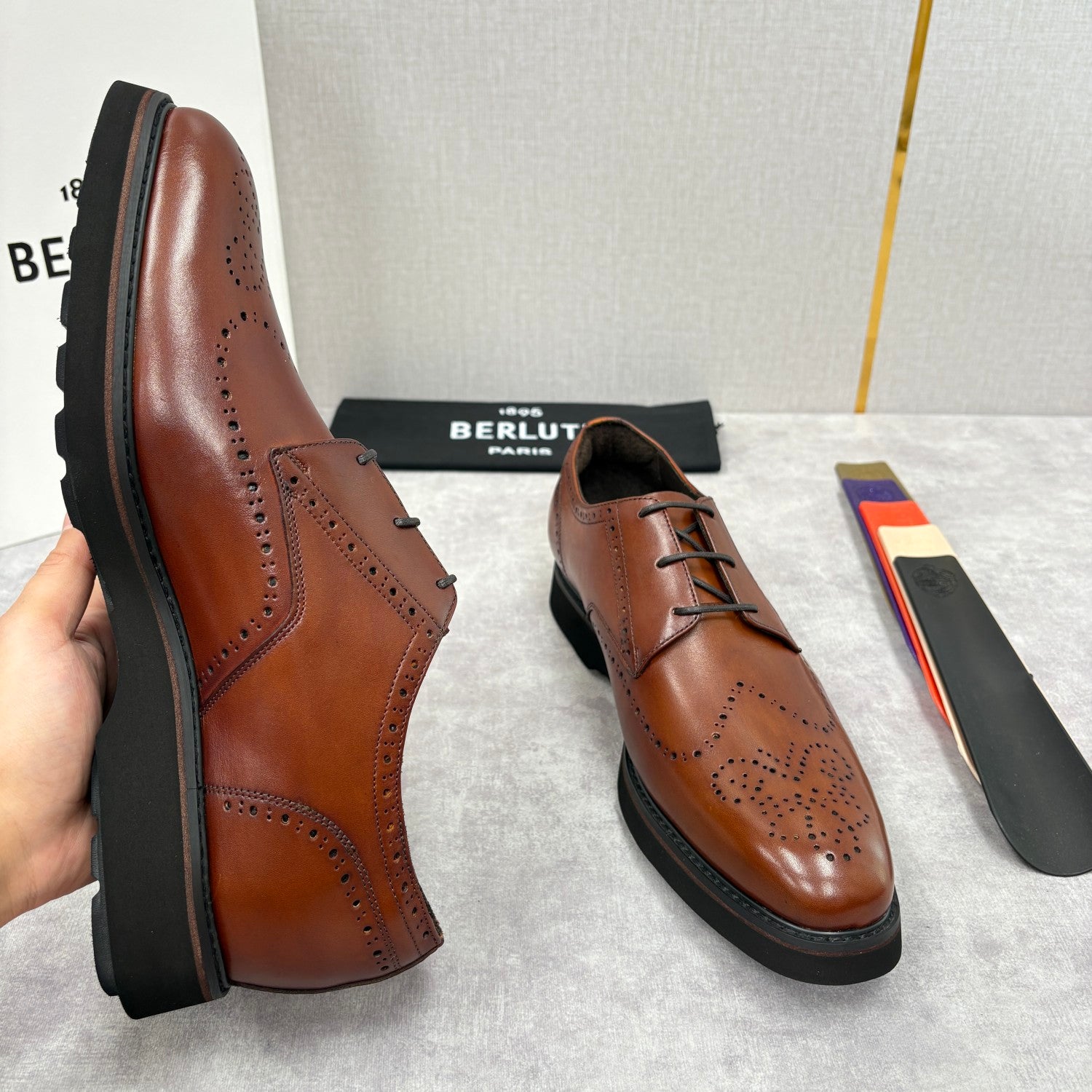 Berluti Alessio Natural Men's Spring/Fall Fashion Classic Leather Brogue Oxford Shoes with Thick Rubber Sole Calfskin Derby Shoes #78573