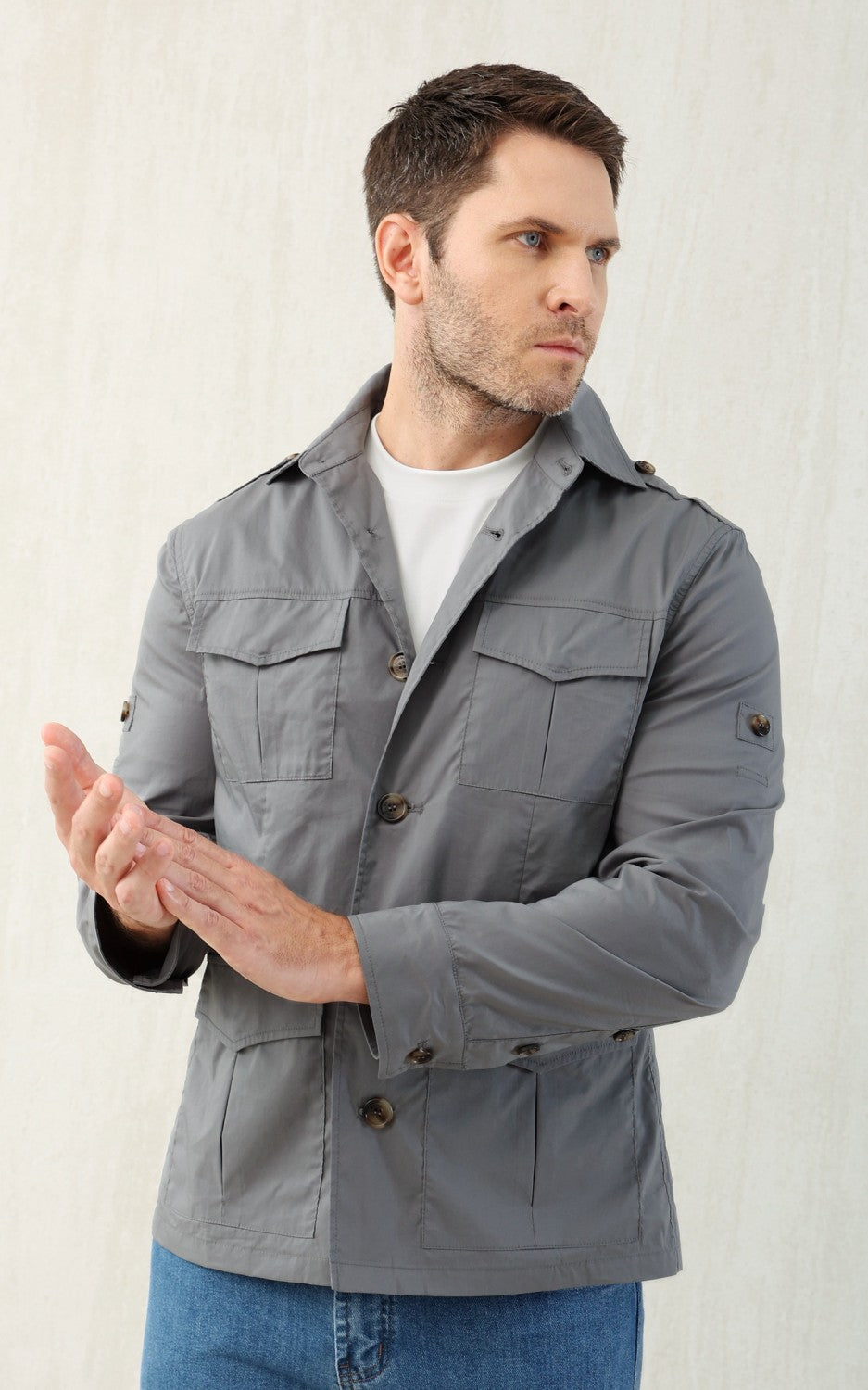 Brunello Cucinelli Men's Spring & Fall Lightweight Water-Resistant Techno Cotton Unlined Safari Jacket Solid Color Lapel Single Breasted Shirt Style Jacket Ngvp #1946