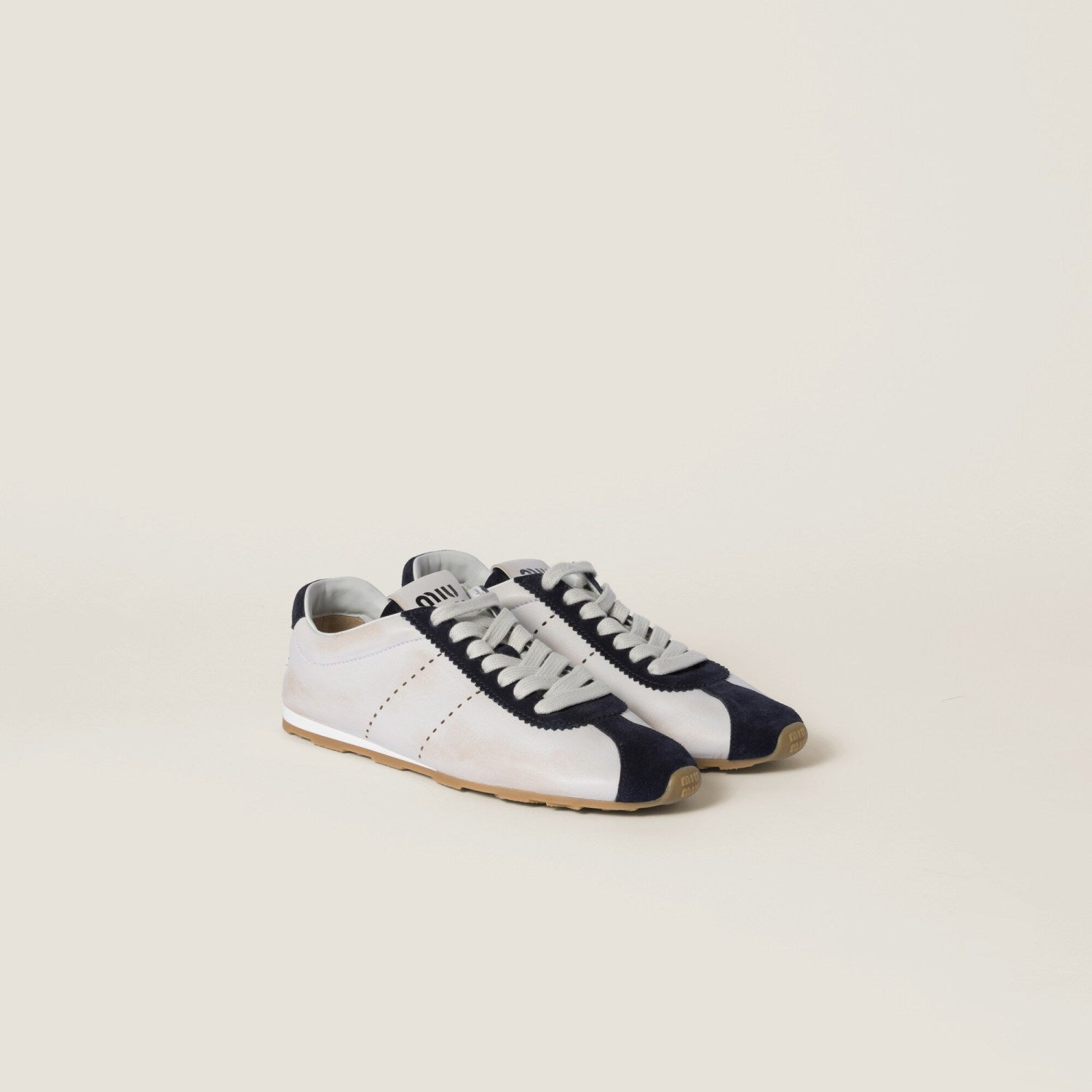 MiuMiu Women's Plume Nappa Leather and Suede Sneakers Four Seasons Round Toe Lace Up Solid Color Low Derby Shoes Casual Shoes #81347
