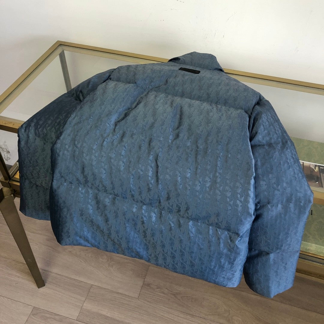 Dior Men's Fall And Winter Blue Dark Logo Print Lapel Single Breasted Long Sleeved Puffer Down Jacket #74511