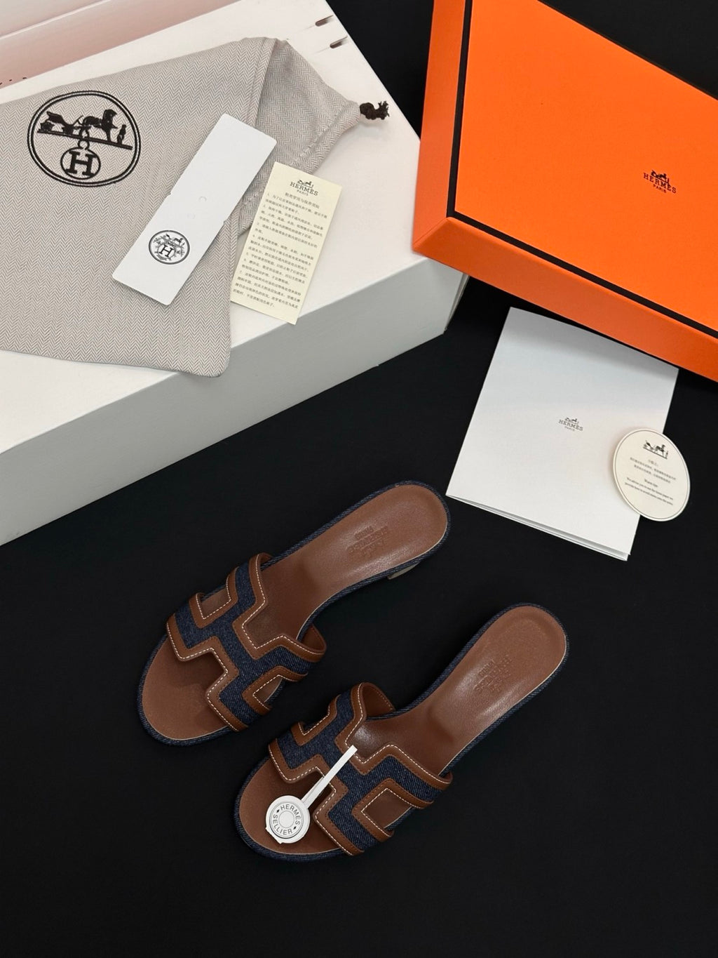 Hermès High-heeled Denim Patchwork Slippers #385101