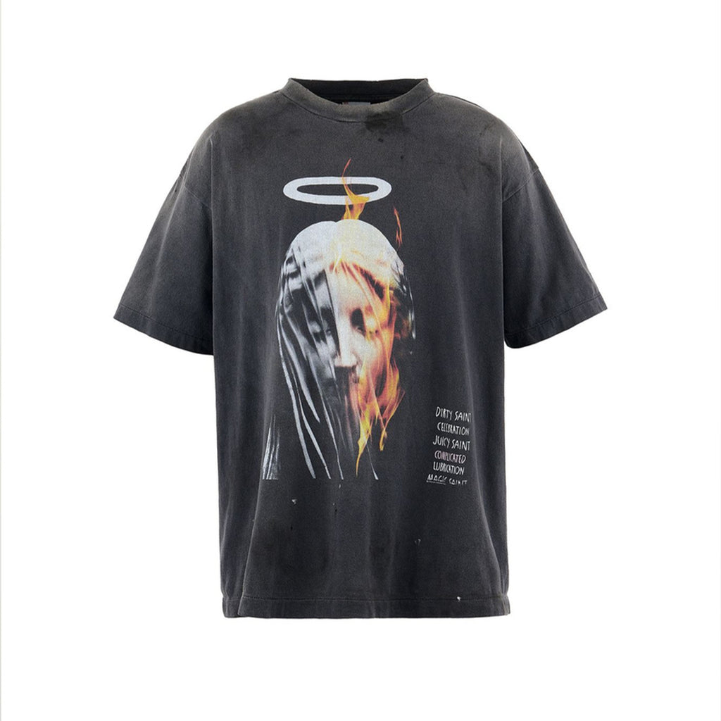 Saint Michael Men's Spring And Summer Tide American High Street Abstract Pattern Printing Washed Retro Old Loose Short-sleeved T-shirt Ngvp #1744