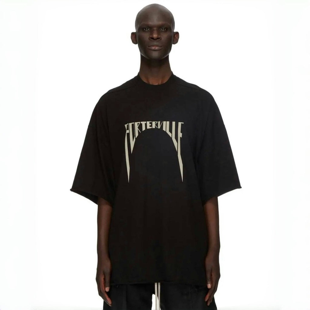 Rick Owens Men's Summer Embroidered Logo Round Neck Cotton Loose Black Short Sleeve T-Shirt Ngvp #9377
