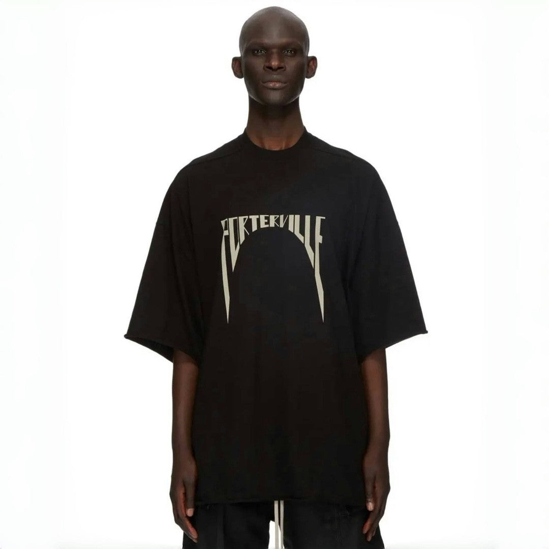 Rick Owens Men's Summer Embroidered Logo Round Neck Cotton Loose Black Short Sleeve T-Shirt Ngvp #9377
