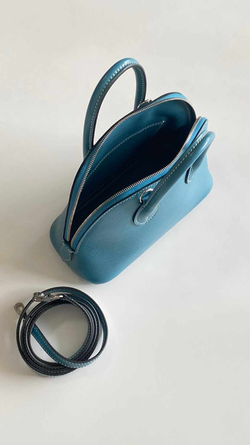 HERMES Bolide 1923 Silver Buckle Evercolor Calfskin Bowling Bag. Mini Handbag. Shoulder Bag. Crossbody Bag. Women's Style. D2 NEW BLEU JEAN #83225A