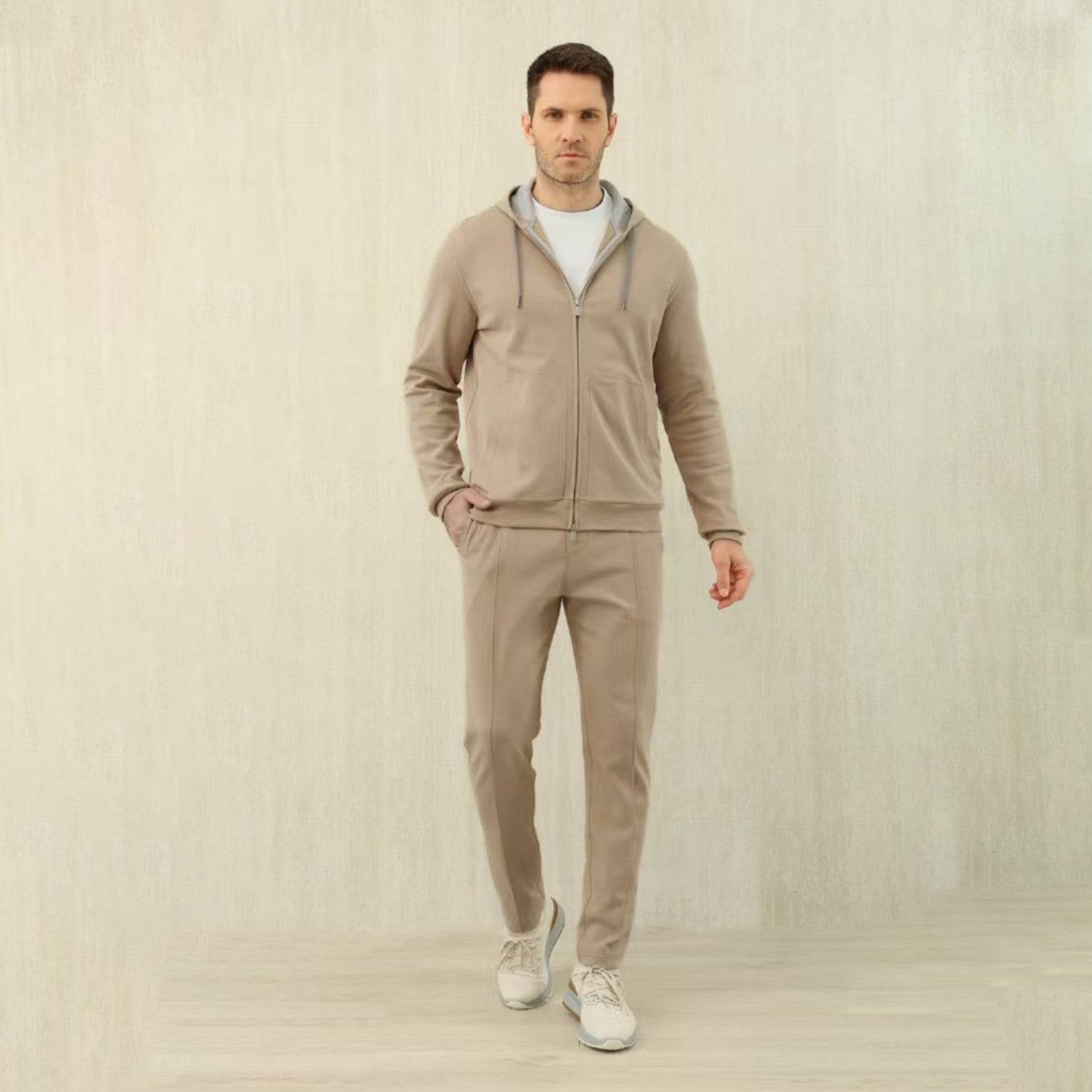 Brunello Cucinelli Men's Solid Colour Hooded Zip Sweatshirt Jacket Drawstring Comfort Straight Trousers Pants Sweatpants Suit Set  #81324
