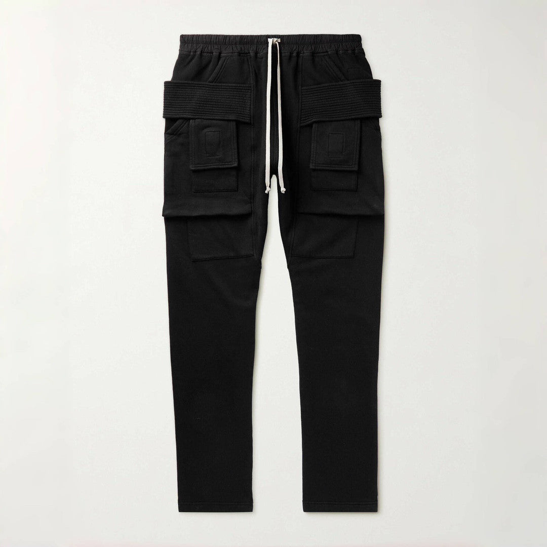 Rick Owens Men's Spring and Autumn Black Large Pocket Cotton Lace-Up Casual Work Pants #73375