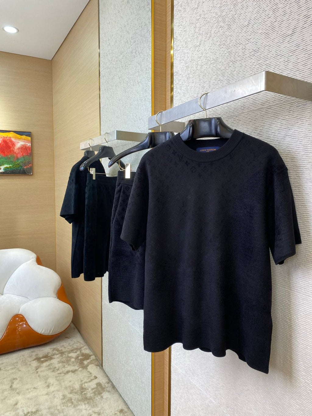 Louis Vuitton Men's Summer Solid Color Letter Printed Cotton Round Neck Short Sleeve T-Shirt Casual Shorts Set Suit #75316