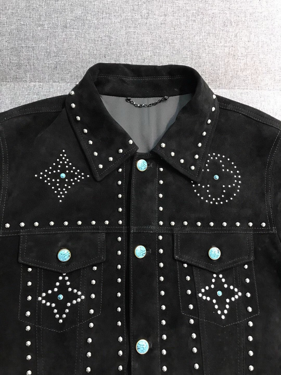 Louis Vuitton Men's Fall/Winter Black Logo Pattern Embroidery Lapel Long Sleeve Denim Jacket #73291