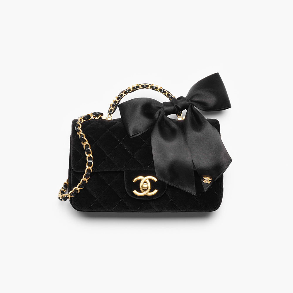 Chanel Mini Flap Bag With Top Handle Velvet Silk Gold-tone Metal Black #336177