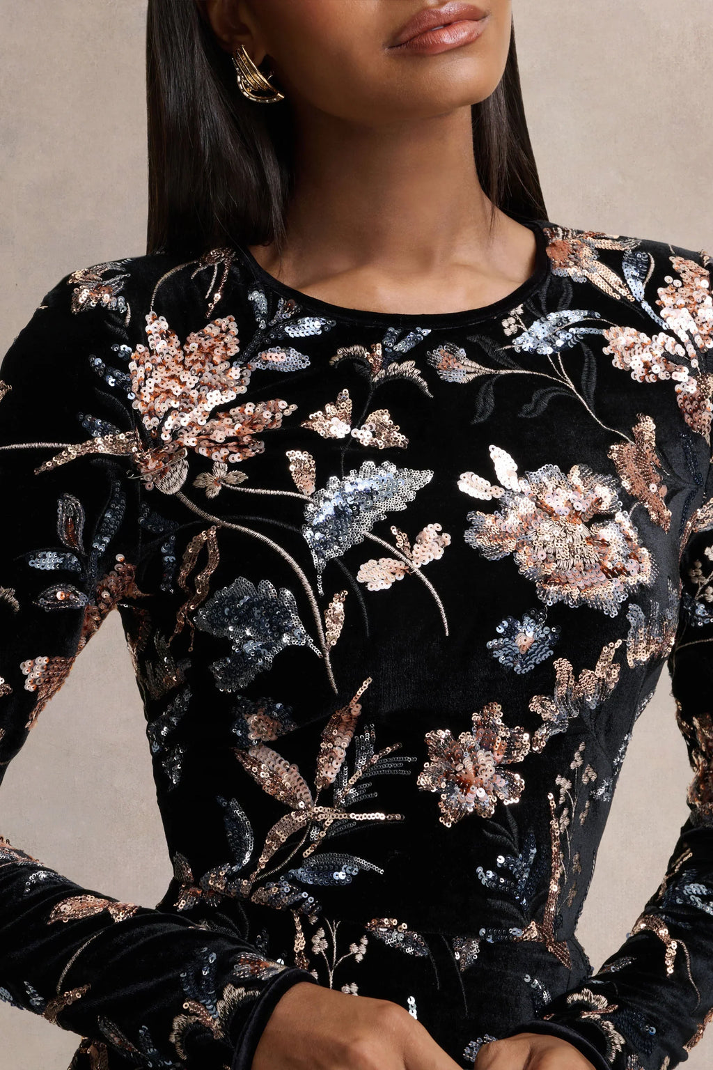 Lyric | Black Floral Velvet And Sequin Embellished Crew-Neck Maxi Dress
