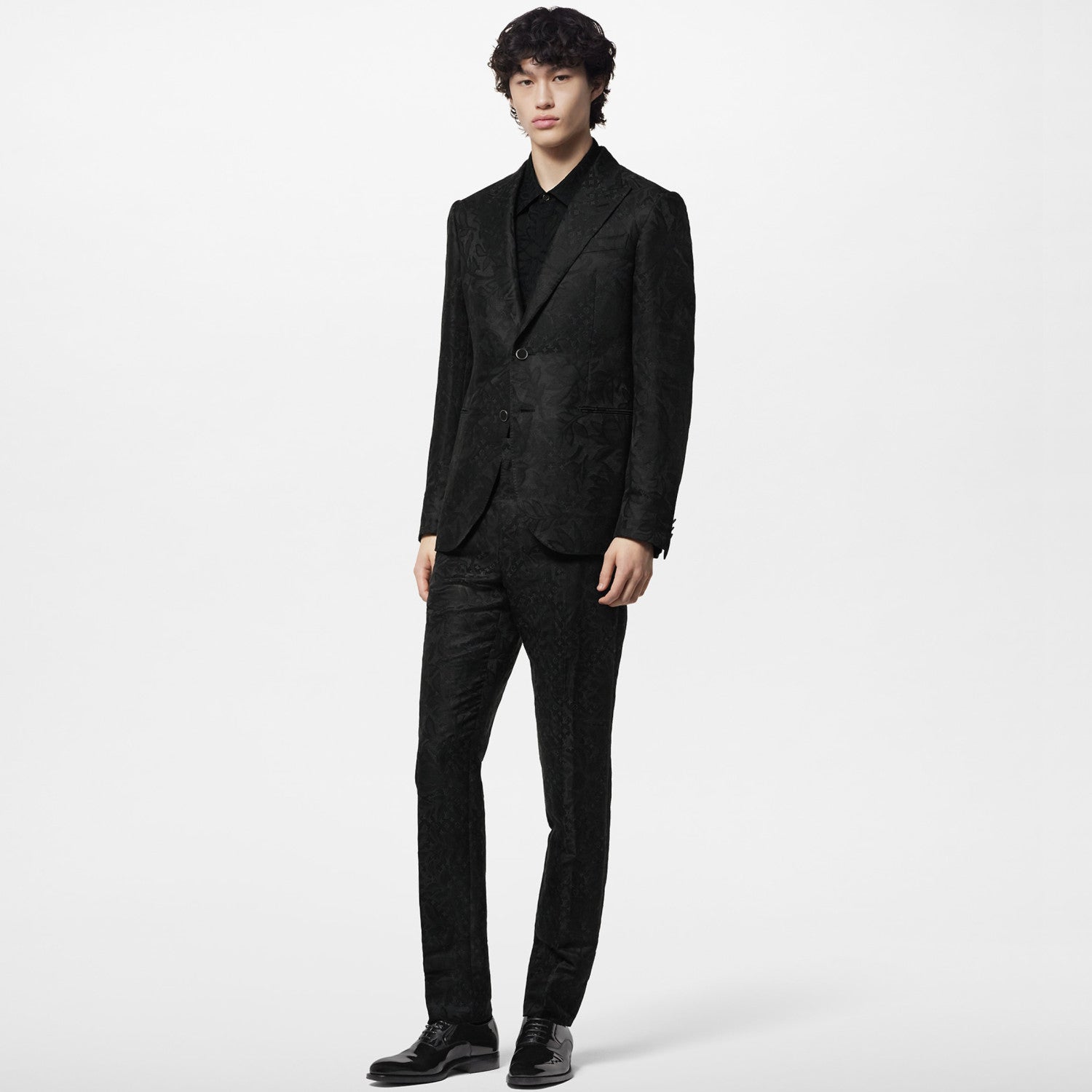 Louis Vuitton Men's Black Full Logo Printed Single Breasted Cotton Long Sleeve Jacket Coat Blazer Pants Suit Set #98784