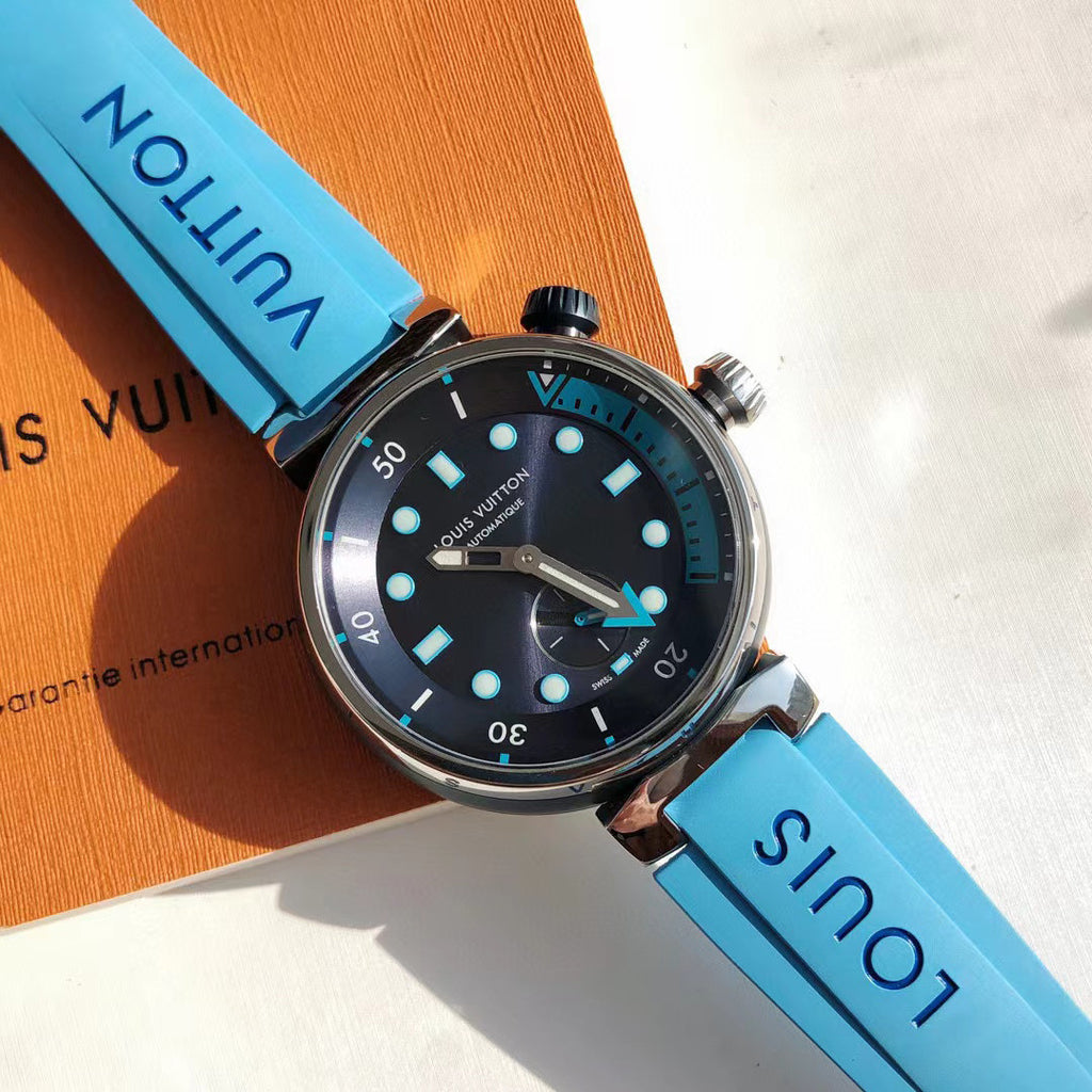 Louis Vuitton Men's TAMBOUR STREET DIVER Steel Dial Rubber Strap Automatic Mechanical Watch 44 mm #99382
