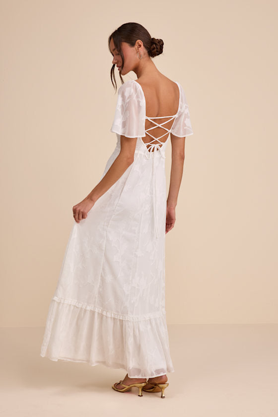 Tailor Made For You White Jacquard Lace-Up Maxi Dress