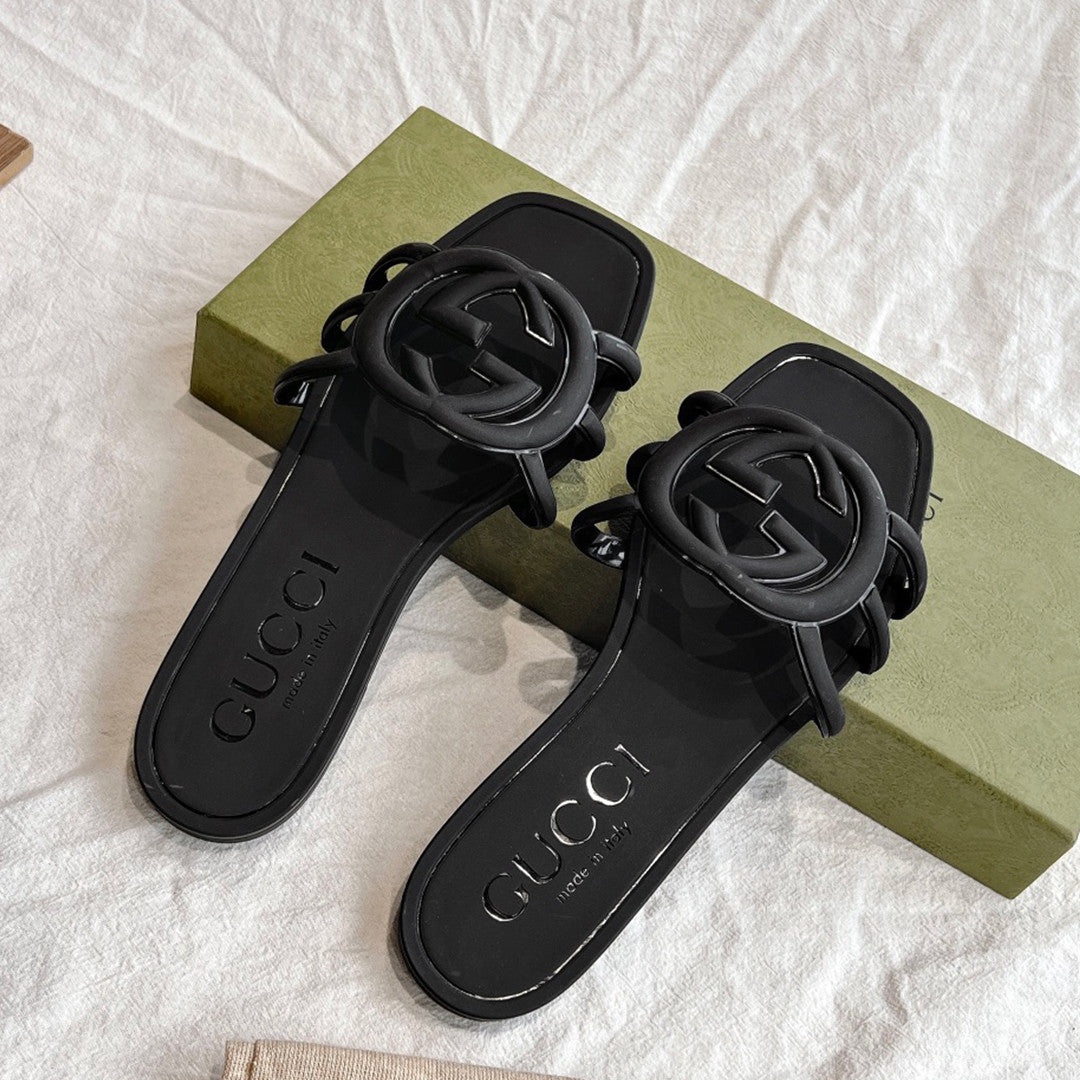 Gucci Women's Summer Double G Hollow out Square Head Flat Slippers Solid Color Casual Shoes #81341