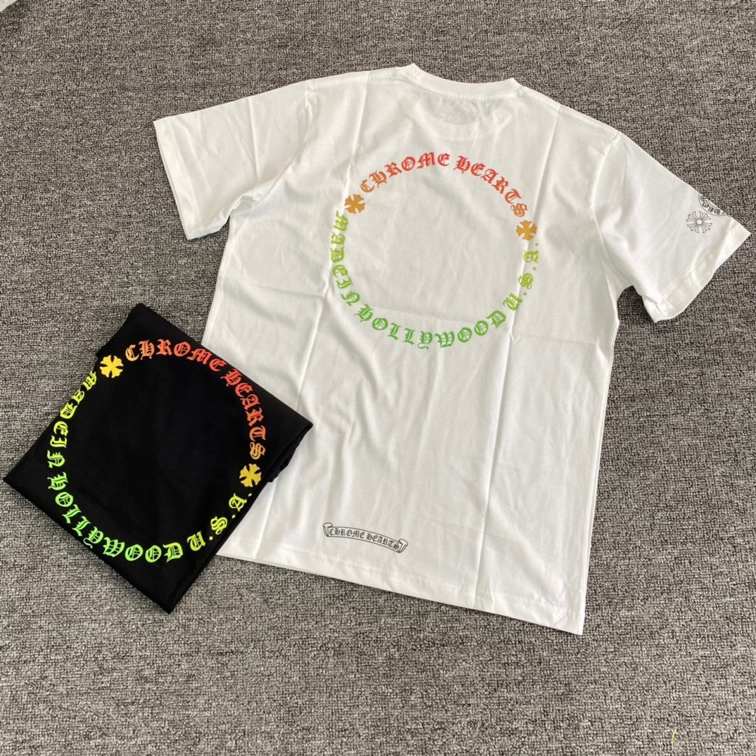 Chrome Hearts Men's Summer Colourful Sanskrit Print Solid Round Neck Cotton Short Sleeve T-Shirt #76815
