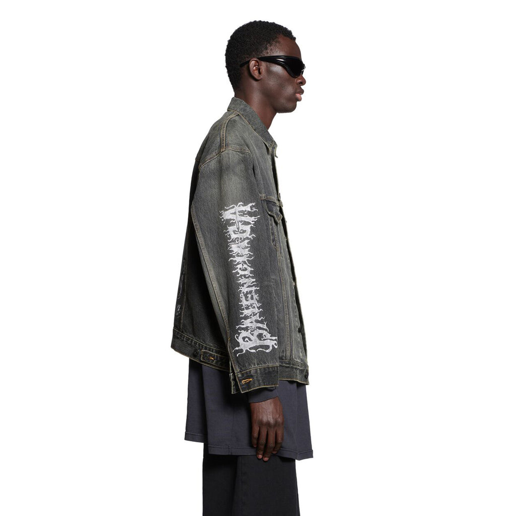 Balenciaga Men's Spring And Autumn Cotton Denim Printed Washed Vintage Denim Jacket Lapel Casual Jacket #98719