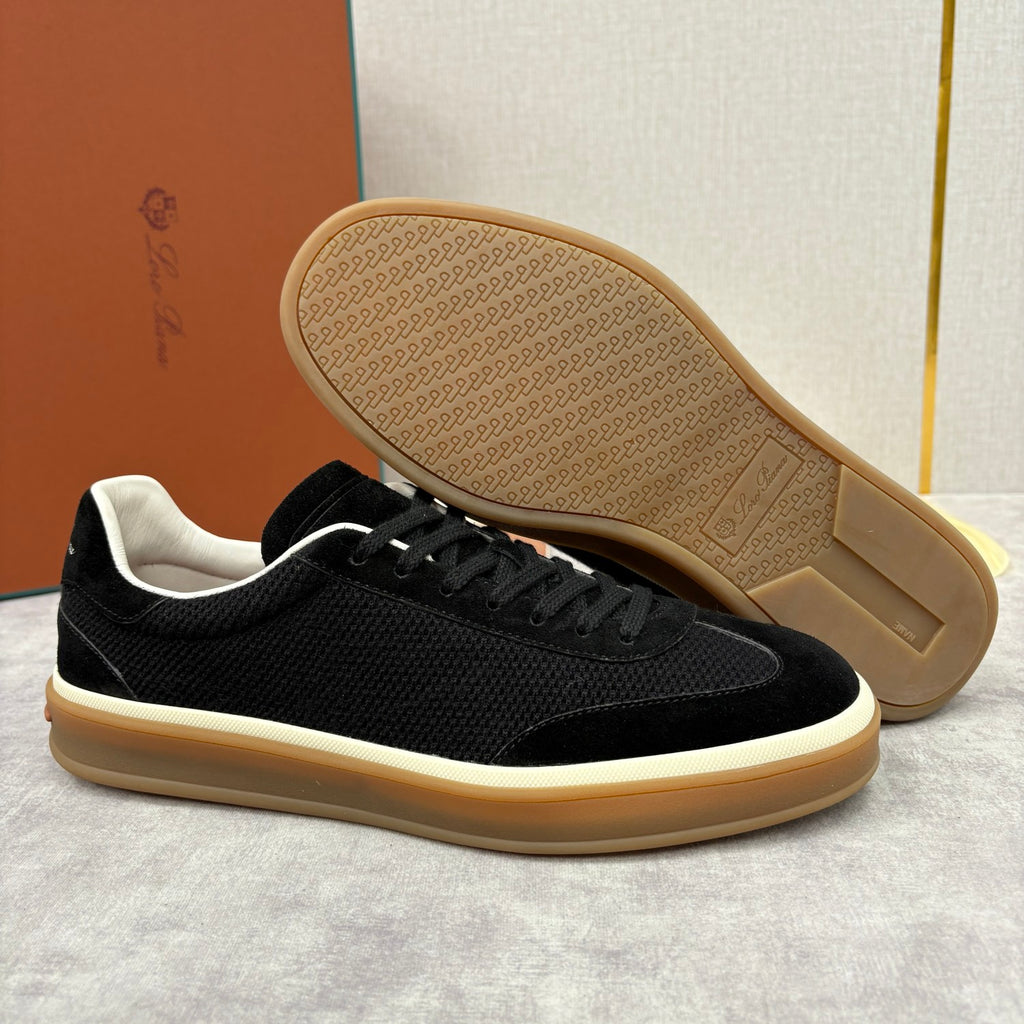 Loro Piana Men's Spring/Fall Fashion Casual Round Toe Lace Up Low Top Leather Patch Sneakers Breathable Mesh Patch Fabric Casual Shoes #79242