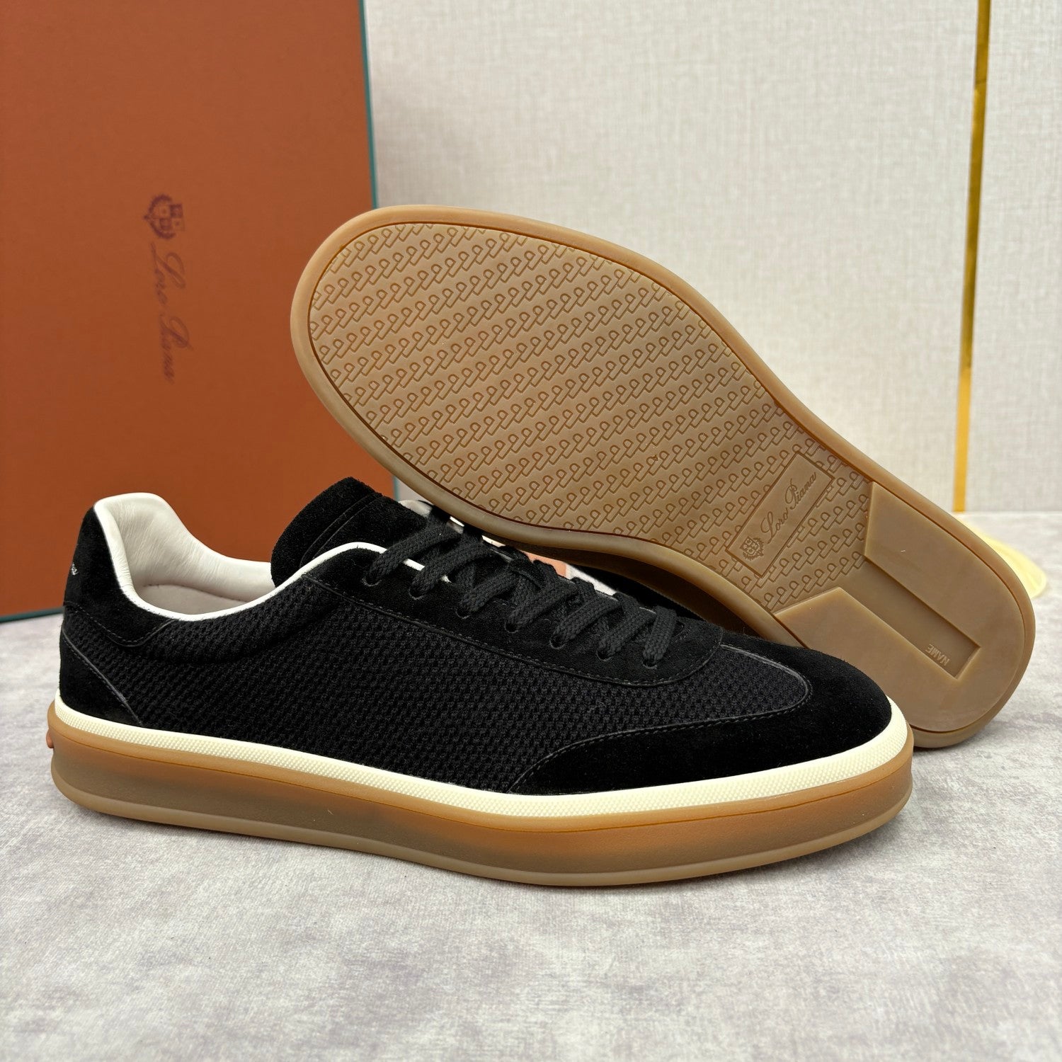 Loro Piana Men's Spring/Fall Fashion Casual Round Toe Lace Up Low Top Leather Patch Sneakers Breathable Mesh Patch Fabric Casual Shoes #79242