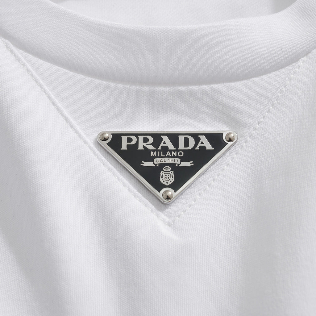 Prada Men's Summer Solid Color Triangle Logo Logo Round Neck Cotton Short Sleeve T-Shirt #75752