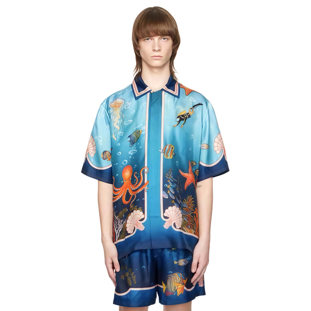 Casablanca Men's Summer Underwater World Pattern Printed Single Breasted Short Sleeve Shirt Casual Lace Up Shorts Set Suit #77126