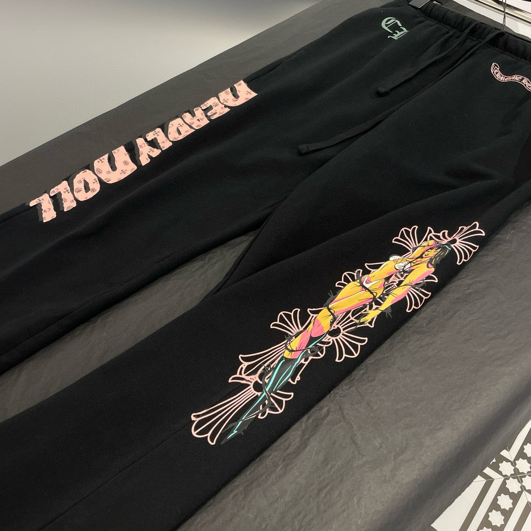 Chrome Hearts Men's And Women's Fall/Winter Fan Cross Graffiti Print Black Hooded Zipper Jacket Knit Vest Stretch Sweatpants Pants Set Suit #98138