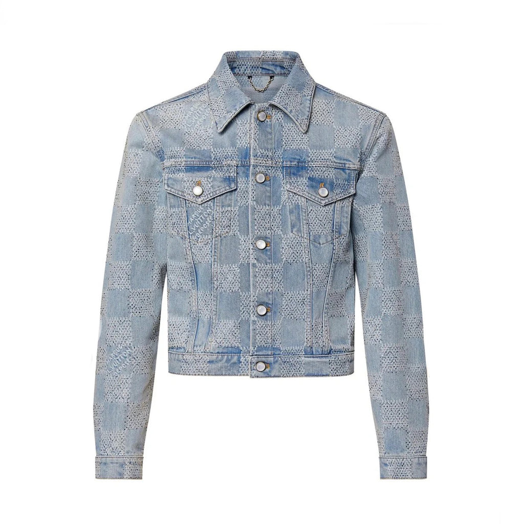 Louis Vuitton Men's Fall And Winter Mto Embellished Damier Denim Jacket Checkerboard Checkered Jacket With Diamonds Fashionable Versatile Jacket Ngvp #9126