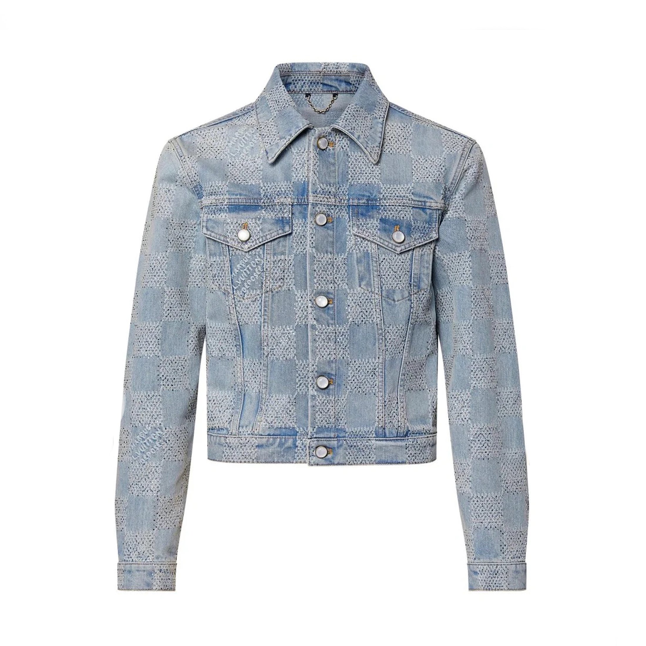 Louis Vuitton Men's Fall And Winter Mto Embellished Damier Denim Jacket Checkerboard Checkered Jacket With Diamonds Fashionable Versatile Jacket Ngvp #9126