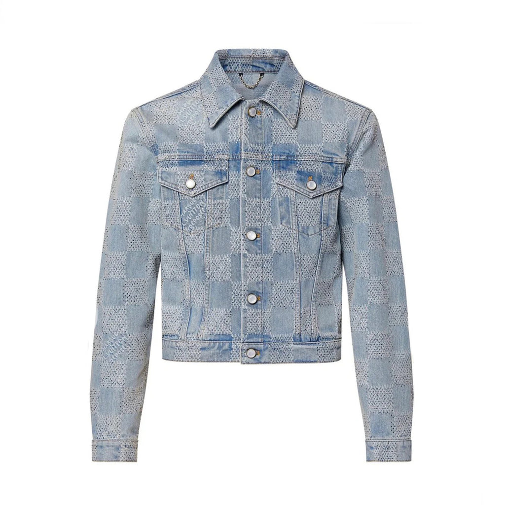 Louis Vuitton Men's Fall And Winter Mto Embellished Damier Denim Jacket Checkerboard Checkered Jacket With Diamonds Fashionable Versatile Jacket Ngvp #9126