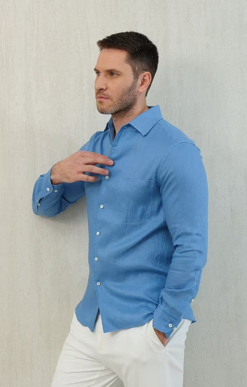 Loro Piana Men's Spring And Summer Solid Color André Shirt Lapel Single-breasted Linen Shirt Ngvp #7962