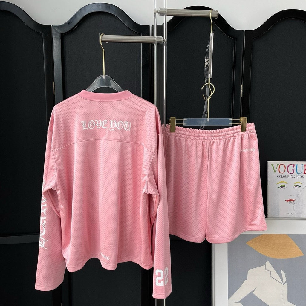Chrome Hearts Men's Summer and Winter Pink Long Sleeve T-Shirt Shorts Set Suit #72589