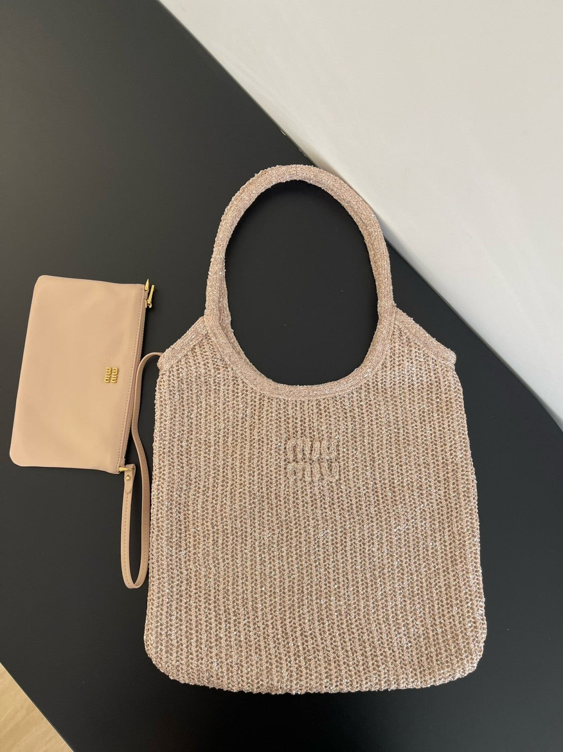MiuMiu Ivy Sequin Mesh Women's Solid Color Sequined Shoulder Bag with Detachable Handbag Bags and Embroidered Letter Logo #77693