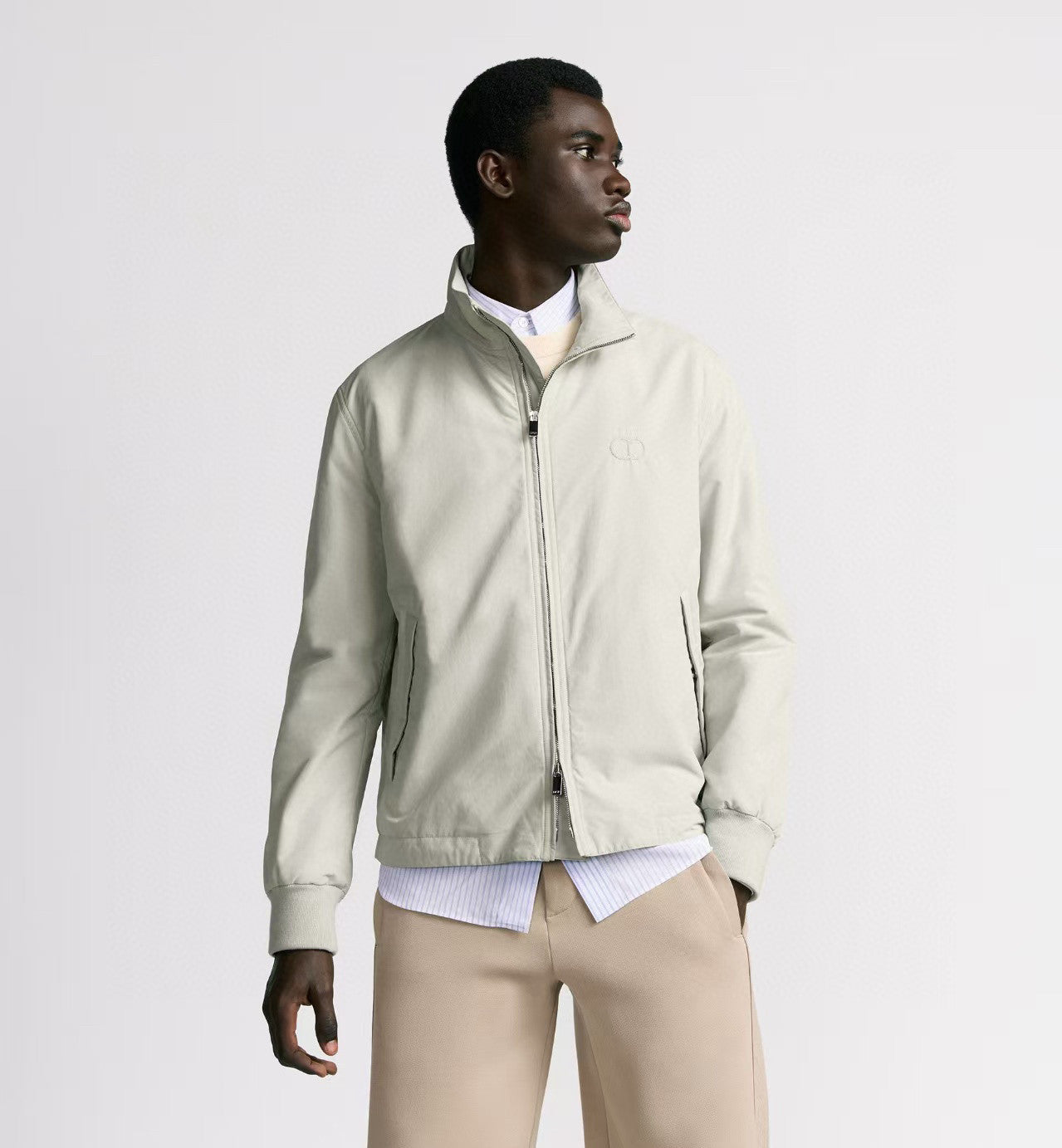 Dior Men's CD Icon Harrington Jacket Spring/Fall Solid Color Stand Collar Zipper-Front Long Sleeve Coat #81575