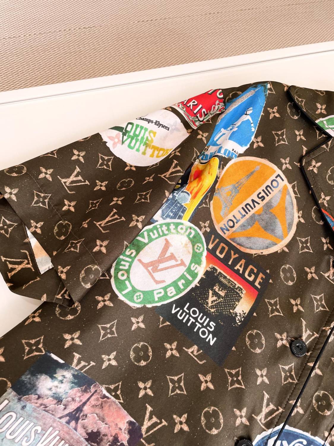 Louis Vuitton Women's Summer Monogram Printed Lapel Silk Single Breasted Short Sleeve Shirt #99775