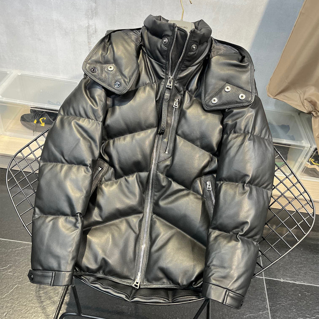 Tom Ford Black Leather Puffer Down Jacket Ngvp #6555