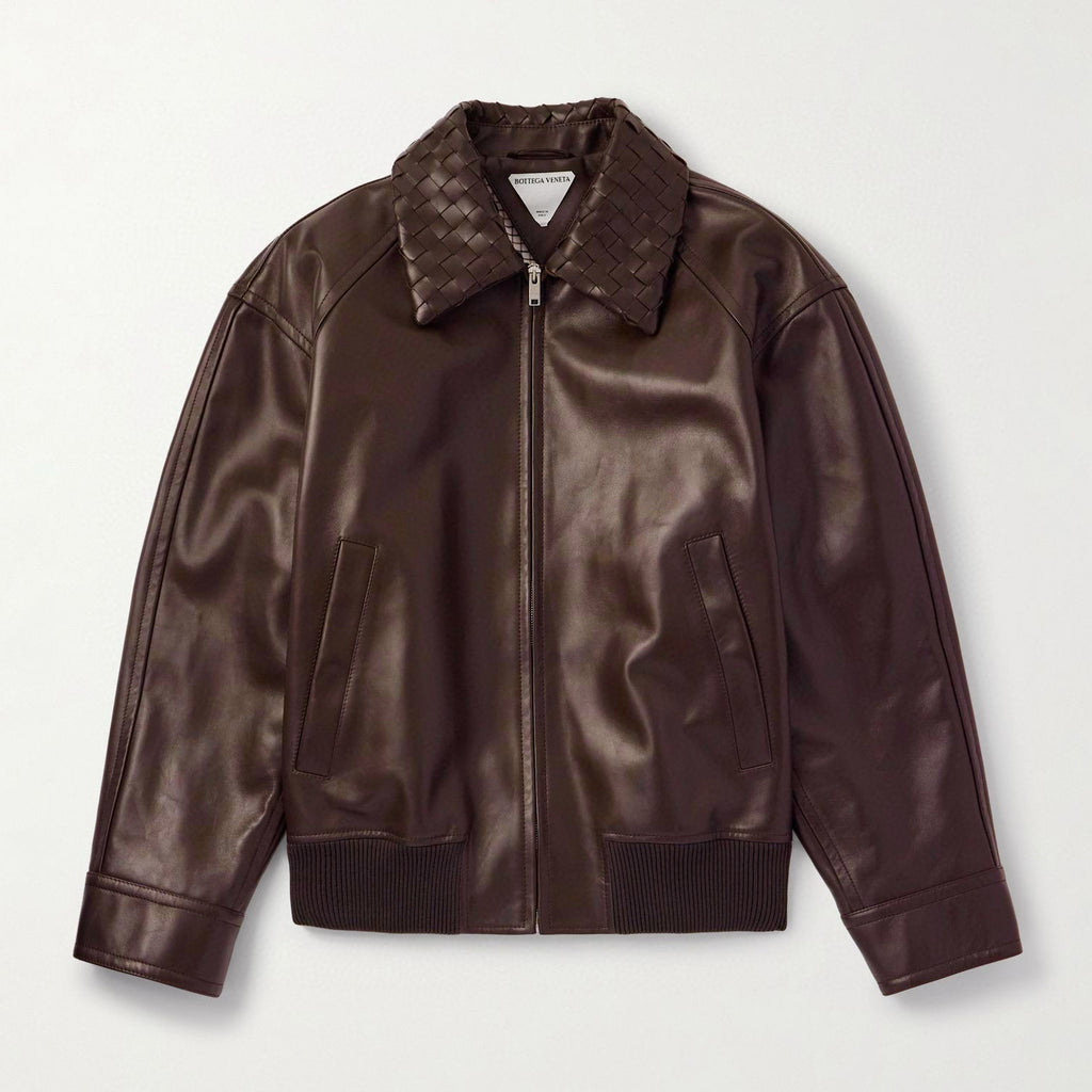 Bottega Veneta Men's Fall And Winter Woven Leather Collar Zipper Leather Jacket Business Casual Fashion Luxury Leather Jacket Coat Ngvp #2484