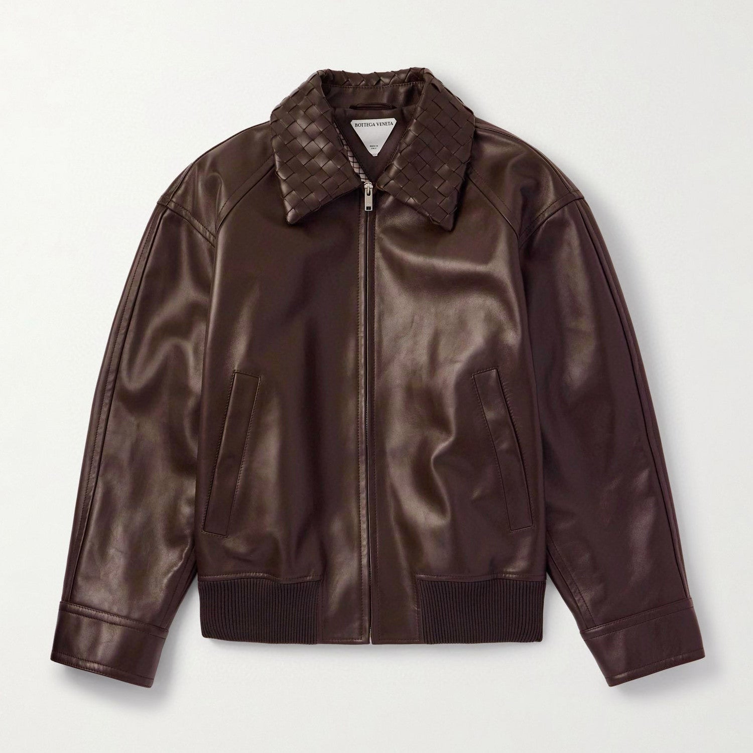 Bottega Veneta Men's Fall And Winter Woven Leather Collar Zipper Leather Jacket Business Casual Fashion Luxury Leather Jacket Coat Ngvp #2484