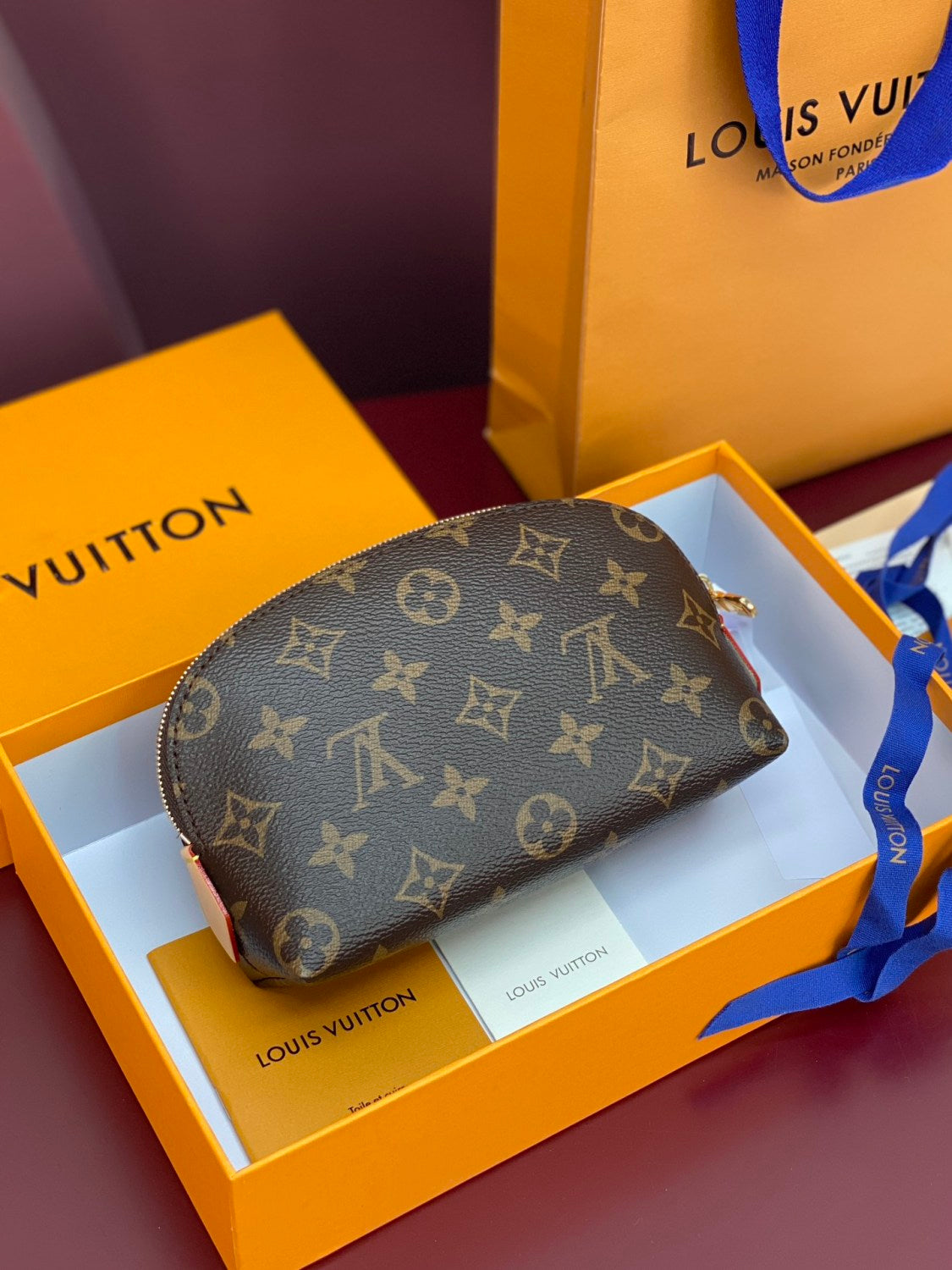 Louis Vuitton LV X TM Women's Brown Letter Print Cherry Pattern Leather Small Makeup Bag Bags #77595