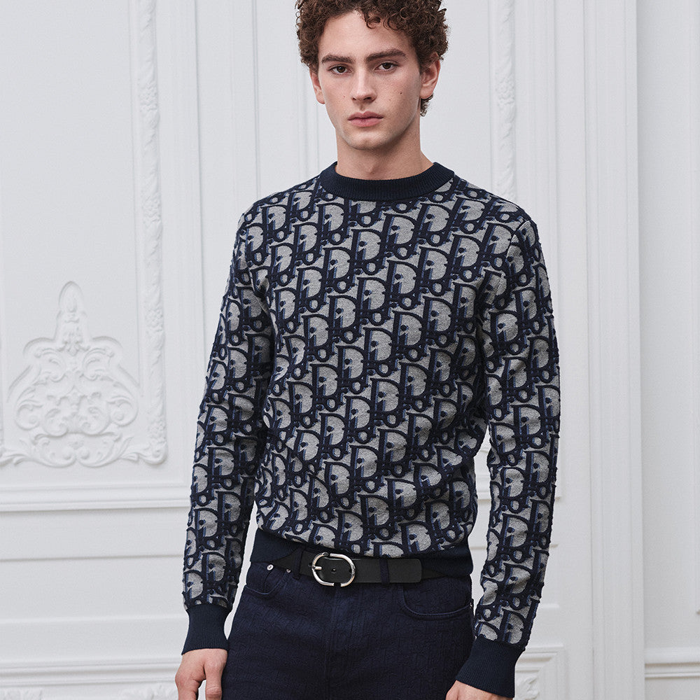 DIOR Dior Oblique Sweater Blue Cotton Wool Silk Blend Jacquard #377022