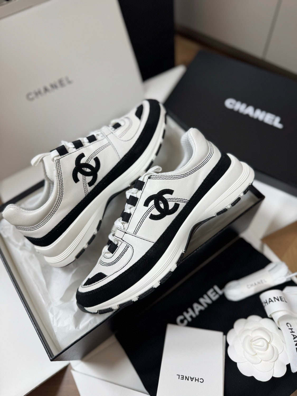 CHANEL Sneakers Calfskin Suede Calfskin White Black #381217