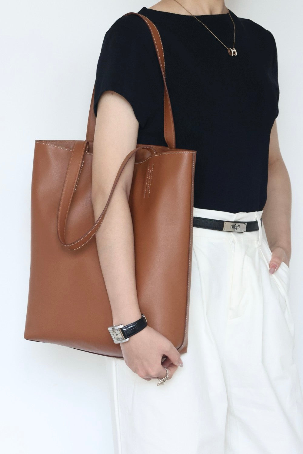 Hermes Women's Double Sensneo Calfskin Shoulder Bag Fashionable Color-Blocked Open Bag Double-Sided Tote Bag With Makeup Bag Bags Ngvp H086707CAAL #2277