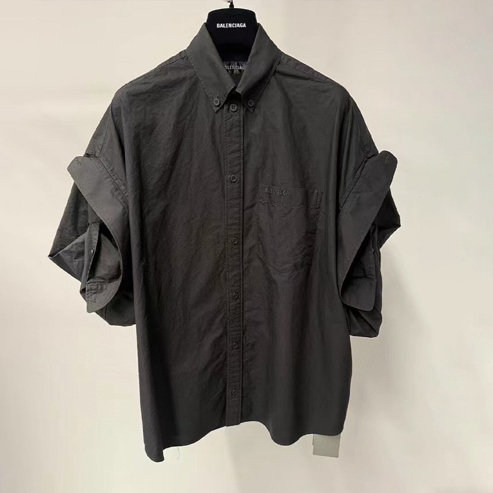 Balenciaga Men's Women's Spring Summer Autumn Lapel Fit White Cotton Poplin Round Hem Folded Sleeve Shirt Ngvp #1399