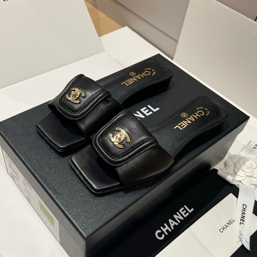 Chanel Gold Lock Square Toe Slippers #379298