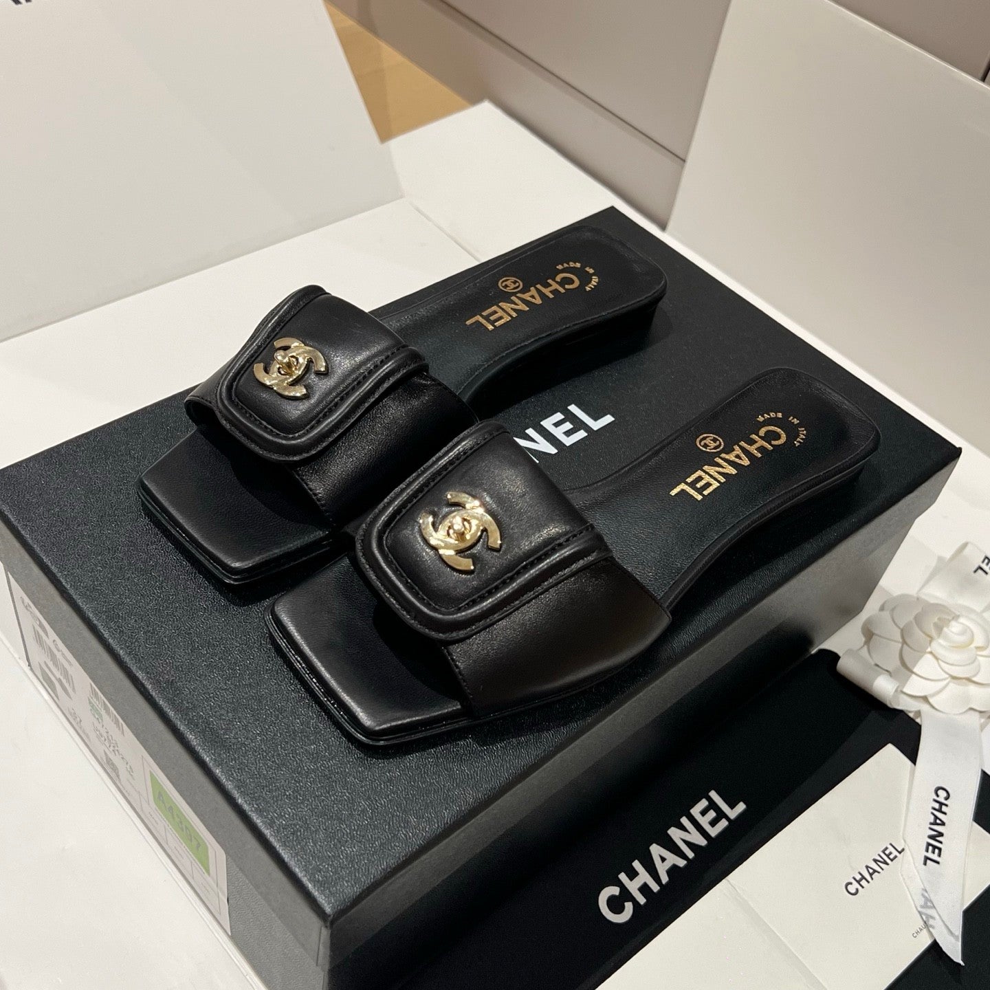 Chanel Gold Lock Square Toe Slippers #379298
