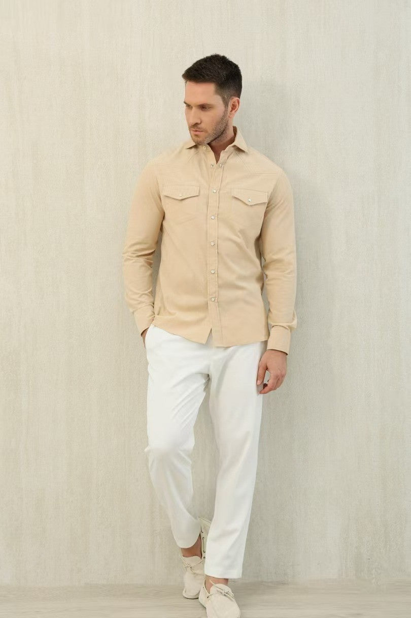 Brunello Cucinelli Men's Spring And Fall Cotton Lapel Solid Color Single-Breasted Chest Pocket Long Sleeve Fitted Shirt Ngvp #1557